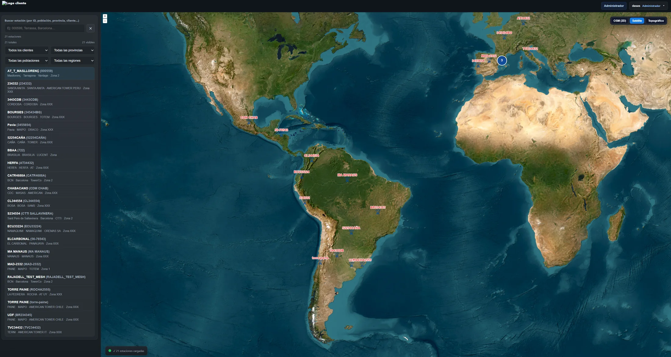 Mapa de estaciones telecom gestionadas en TAMS